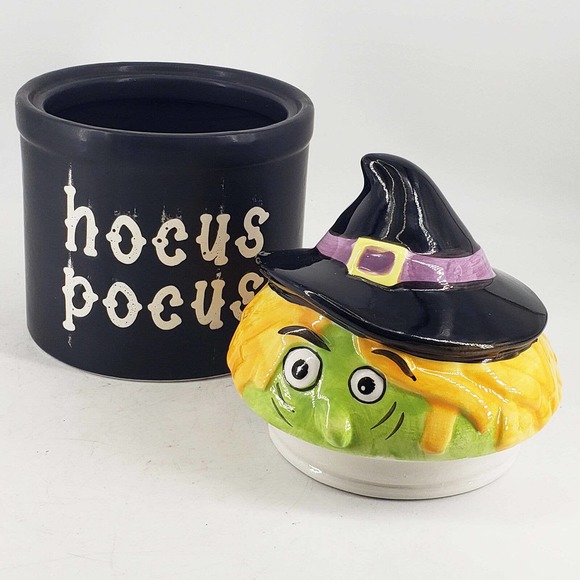 Eccolo world Traveler Ceramic Hocus Pokus Witch Lid  Eccolo world Traveler Ceramic Hocus Pokus Witch Lid Halloween Canister Jar